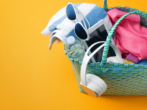 Summer Beach Tote Bag Filled with Essentials and Accessories