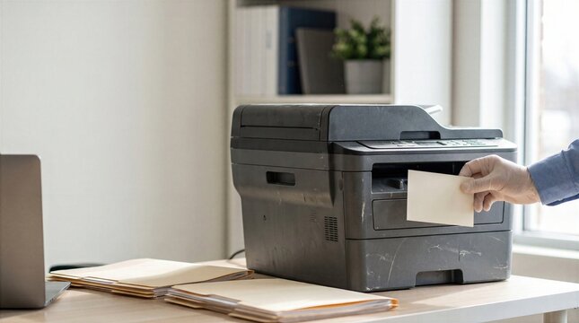 Office worker printing envelopes with multifunction printer