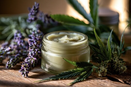 Natural lavender hemp salve with creamy texture and fresh hemp leaves on a wooden surface