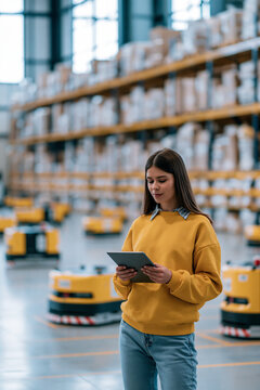 Junge Frau in gelbem Pullover mit Tablet im Logistikzentrum