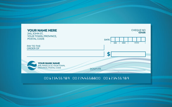 Blank bank check. Checkbook cheque template. Checkbook cheque template with blue color theme. Money payment voucher or pay cash cheque certificate.
