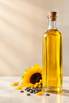 Premium Golden Sunflower Oil in Glass Bottle with Fresh Sunflower and Seeds