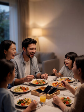Happy Family Enjoying a Phone-Free Dinner Together