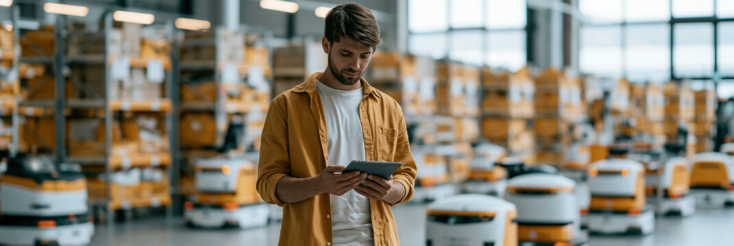 Junger Mann in orangefarbener Jacke mit Tablet im Lagerhaus
