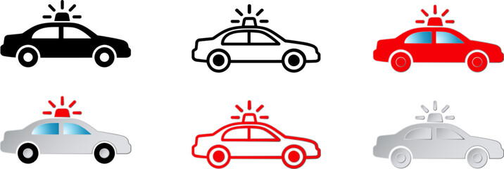 Police car icon with warning light, patrol vehicle and sheriff car symbols for security, emergency services, and digital interface design © AKA STOCK