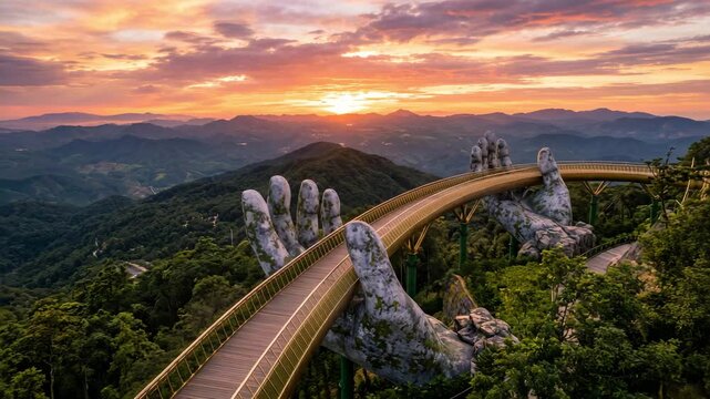 cinematic golden bridge in ba na hills da nang vietnam glowing at sunset dolly out video