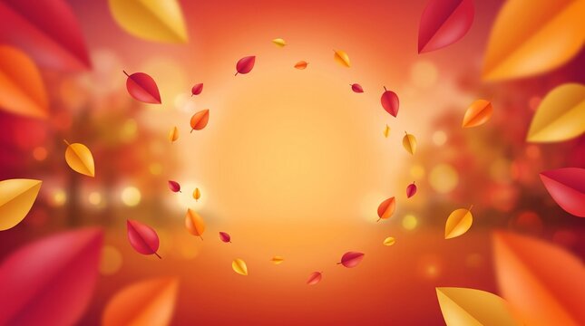 Autumn background with falling red and yellow leaves in a circle frame with warm sunlight and soft bokeh blur effects
