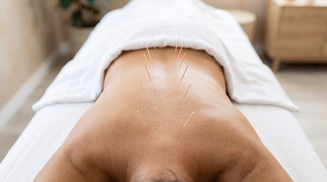 Acupuncture needles on patient back, client receives traditional Chinese treatment. Therapy involves thin acupuncture needles on patient back, applied for wellness.
