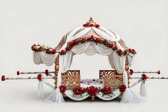 Indian Wedding Doli Decorated with Red Roses and White Fabric - Bridal Palki