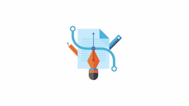 Blue document icon orange fountain pen pencil blue ruler vector graphic design suitable for office supplies, stationery, graphic design, and educationthemed projects.