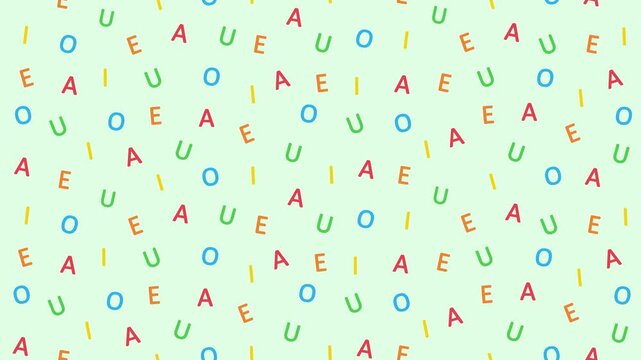 Colorful vowels A, E, I, O and U move downward across a light green background in a simple loopable educational animation.