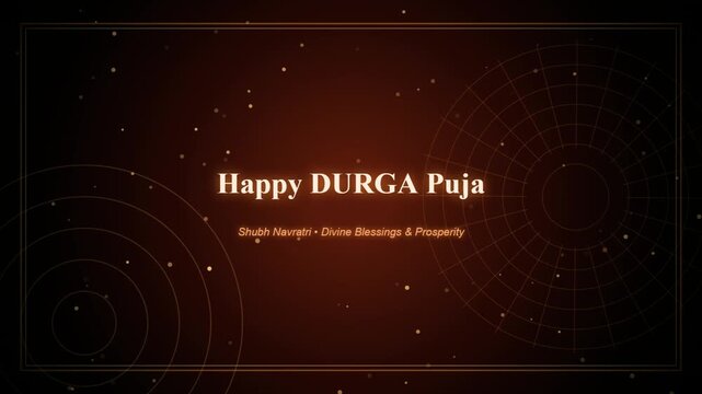 Festive Durga puja greeting message displayed with glowing cosmic circle pattern dark background.