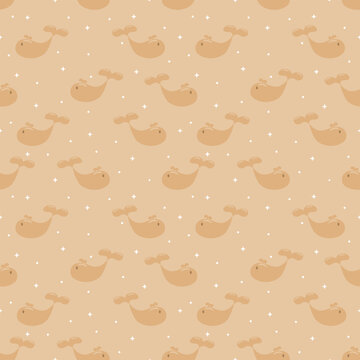 Cute Beige Whale Seamless Pattern with Stars on Pastel Beige Background
