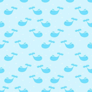 Cute Sky Blue Whale Seamless Pattern with Stars on Light Blue Background