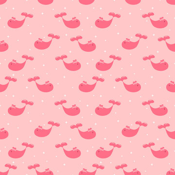 Cute Coral Red Whale Seamless Pattern with Stars on Soft Pink Background