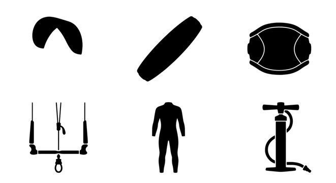 Kitesurfing Gear Icons: Kite, Board, Wetsuit, Pump, Bar, Ball Vector Set
