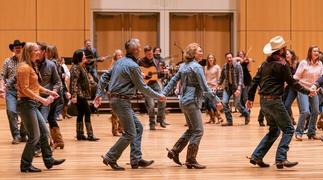 People dance in a line across a polished floor while musicians play country instruments. Cowboy hats define the lively group. Country line dancing at a lively social music event.