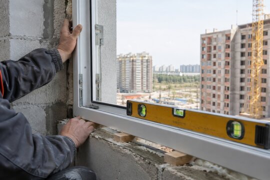Window installation at a construction site in a developing urban area during the day