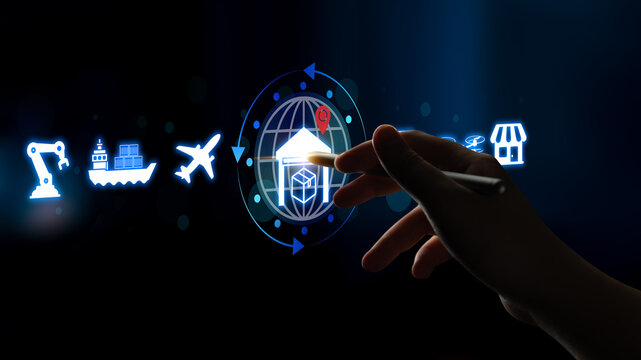 A digital representation of logistics management featuring transportation icons and a hand interacting with a global network, symbolizing modern supply chain solutions. Nascent