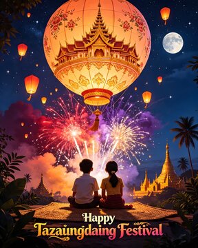 Happy Tazaungdaing Festival Poster with Kids Watching Fireworks, Palace Hot Air Balloon, and Golden Pagoda   