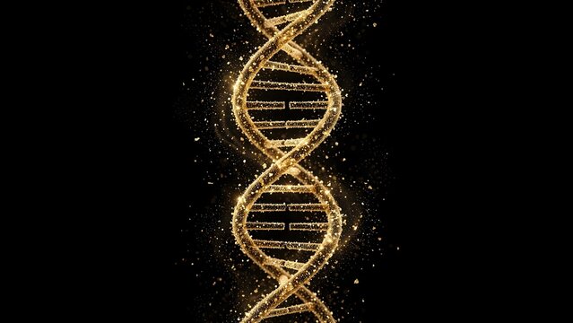 Glowing golden DNA double helix structure on black background