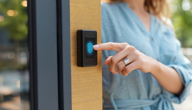A person touches a fingerprint scanner beside a modern entrance. The biometric reader uses a glowing blue fingerprint for secure access. Biometric security and smart home entry technology.