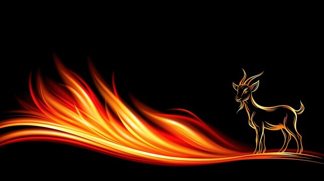 Glowing golden linework forms stylized goat silhouette beside sweeping orange and red fire light trails and ember sparks, creating bold dark emblem with mythical energy and dramatic glow. Copy space.