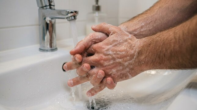Man washing hands with soap and water in sink, close-up, hygiene concept