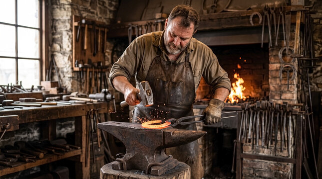 Blacksmith working on an anvil with glowing metal and tools in workshop. Artisan blacksmithing process includes hammering heated metal for creating unique items.