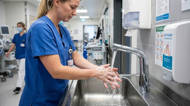 Nurse washing hands in hospital sink, hygiene, healthcare worker, sanitization