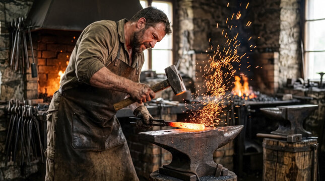 Blacksmith working in forge with sparks flying and glowing metal on anvil. Blacksmithing involves shaping metal with hammer and anvil, showcasing craftsmanship and dedication.