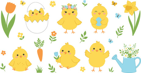 Obraz premium Cute Easter Cartoon Baby Chick Clipart Vector Asset Set Featuring Hatching Eggs Flower Crowns Blue Easter Eggs Spring Tulips and Watering Cans