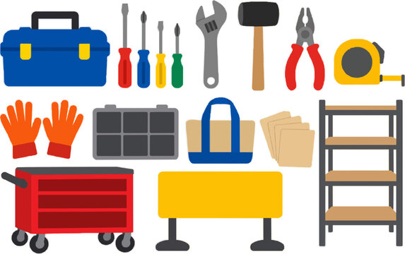 Community Tool-Sharing vector illustration collection with deep blue tool box, broad screwdriver set, adjustable wrench with simplified shape, rubber mallet