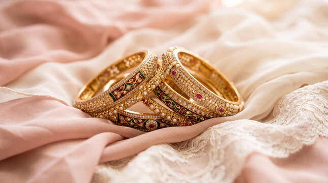 Exquisite gold bangles adorned with colorful gemstones on soft fabric. Beautiful gold bangles showcase intricate designs and vibrant gemstones on delicate draped fabric.