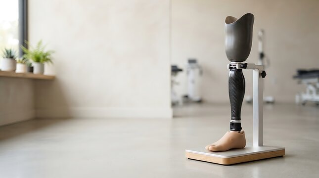 Prosthetic leg model with carbon fiber finish standing on platform for physical therapy and orthopedic rehabilitation medical clinic wellness services use.