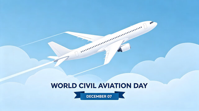 World Civil Aviation Day Concept with Airplane Flying in Blue Sky