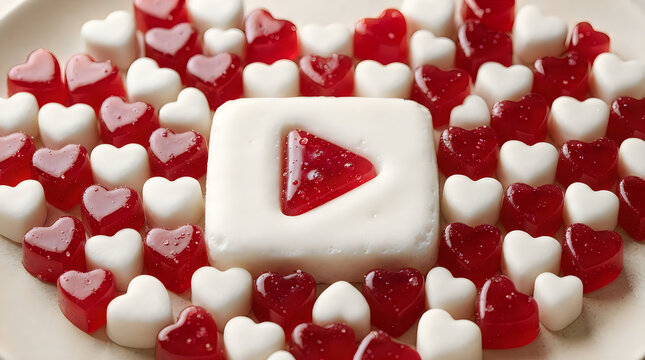 A white play button icon surrounded by many small red and pink heart shaped gummy candies