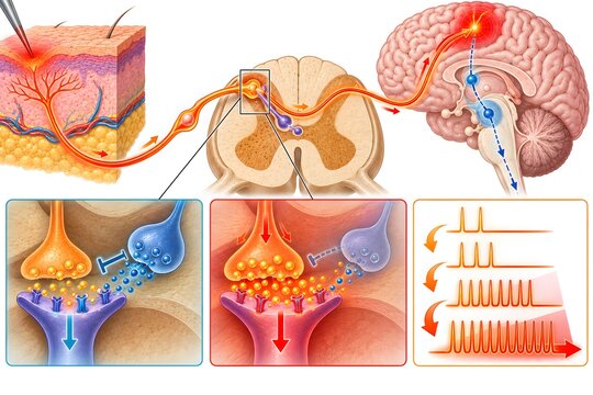 Chronic pain central sensitization pathway diagram, pain medicine neurology illustration