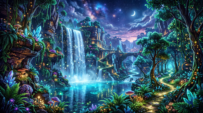 a magical waterfall in a wondrous, luminous forest