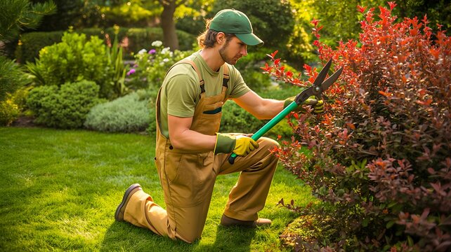 Professional gardener pruning colorful ornamental shrubs in a lush green garden