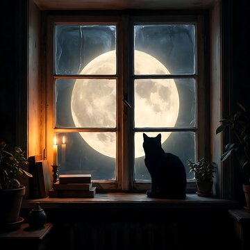 Black cat watching the full moon from a window