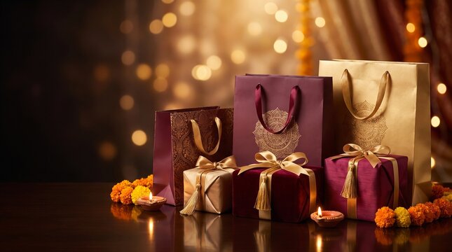 Diwali Shopping Bags and Gifts with Festive Marigold Decorations