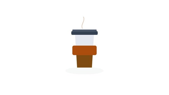 Minimalist flat vector animation of a steaming hot take-away coffee cup with a brown sleeve, isolated on a white background, representing morning routine, cafe culture, and breakfast break.