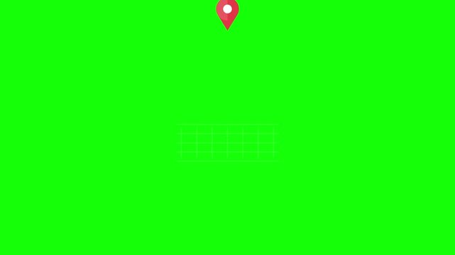 Red map marker location pin icon animation dropping and bouncing on a white grid with green screen background chroma key for navigation, destination, and point of interest concepts.