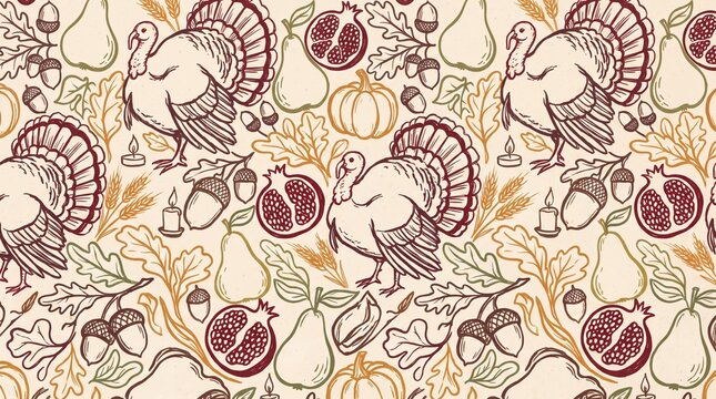 thanksgiving decor patterns, a rich thanksgiving pattern features turkeys, acorns, and pumpkins in warm hues
