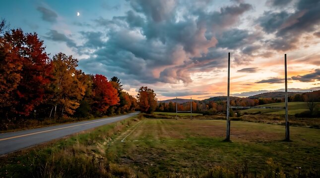 Autumn landscape with rural road and football field