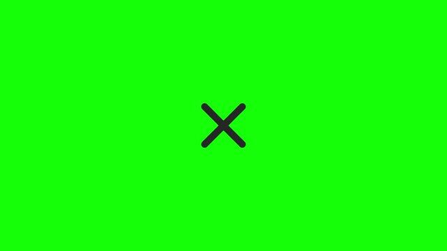 Minimalist black X icon and cross symbol animation rotating on a chroma key green screen background for video editing, user interface design, cancel button, delete, or close function in media.