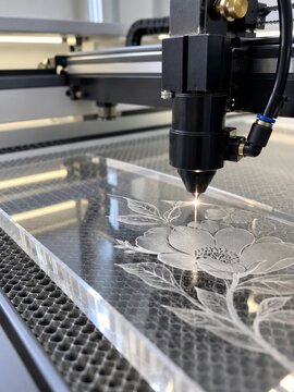 Laser engraving machine etches design on clear acrylic surface in workshop