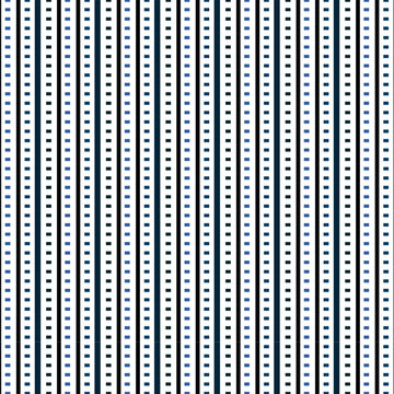 Seamless vertical striped pattern with dark blue and white linear geometric bands and dotted lines texture vector background for minimalist apparel fabrics and wallpaper.