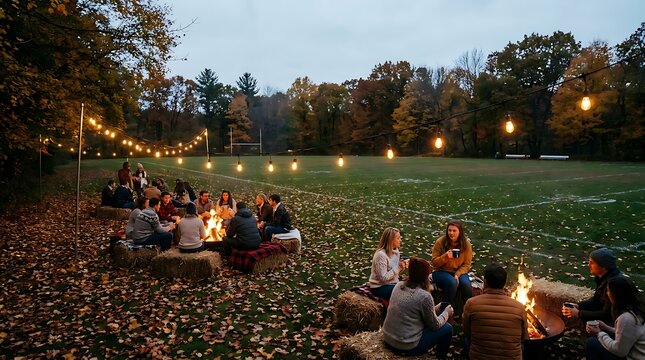 People gathered around campfires outdoors in autumn